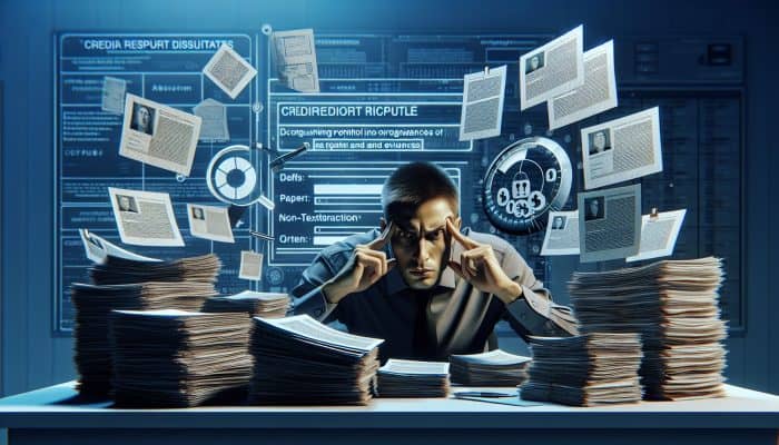 Person organizing financial documents on desk, focused on credit report dispute form on computer.
