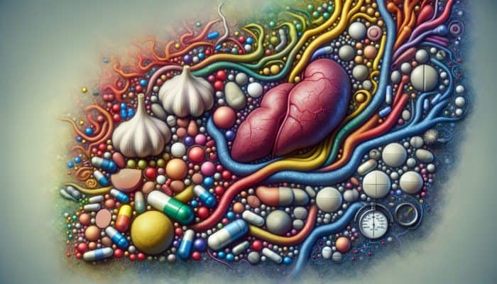 Garlic cloves interacting with medications like warfarin, shown with capsules, tablets, liver enzymes, and blood pressure monitors.