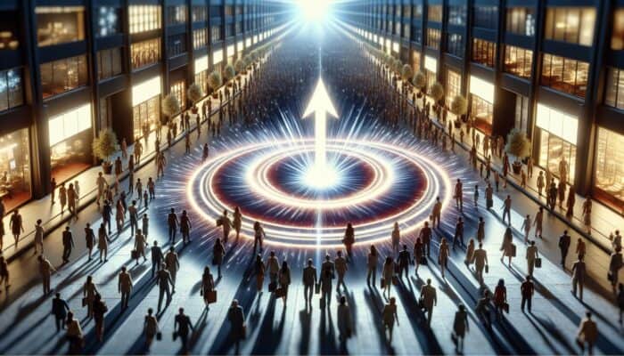 A diverse crowd in a modern marketplace, drawn to a glowing, authentic brand logo, symbolising trust and leadership.