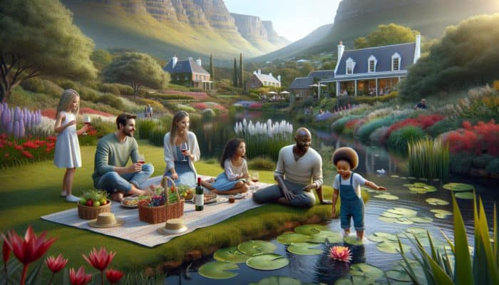 Family picnic at Kirstenbosch Garden, children playing by pond, adults wine tasting in Constantia Valley.