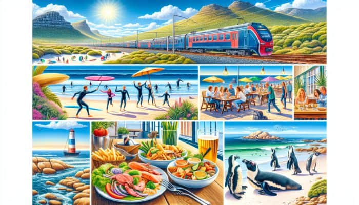 Coastal scene in False Bay with surfers, seafood dining, scenic train, and penguins under sunny sky.