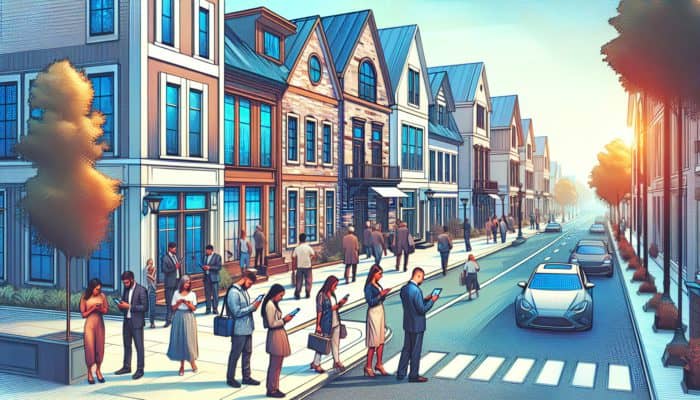 A bustling street in Aliwal North with modern rental properties and 'For Rent' signs, viewed by potential tenants on digital devices.