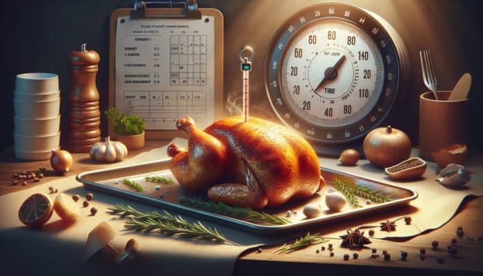 Golden-roasted chicken with meat thermometer on tray, surrounded by herbs, timer at 80 minutes in kitchen.