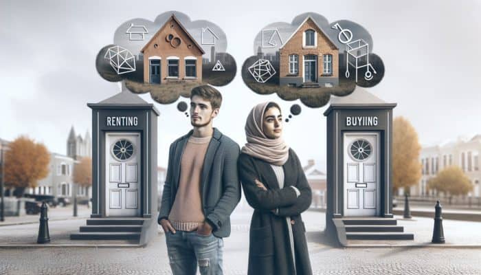 A young couple in Paarl contemplating their options between renting and buying, depicted with two doors and thought bubble.