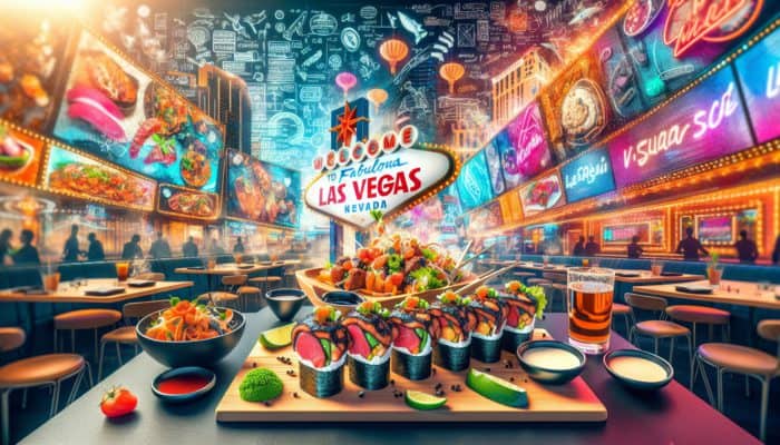 A vibrant Las Vegas sushi scene with fusion dishes like Korean BBQ rolls and spicy tuna nachos.