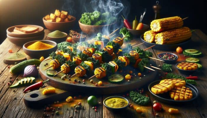 Grilled kale skewers and golden kale-corn fritters on a rustic wooden table, with steam and spices.