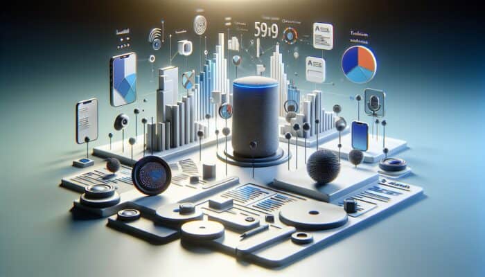 A futuristic digital landscape with voice-activated devices and SEO analytics, emphasizing voice search optimization.