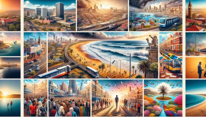 A vibrant collage showcasing Durban's diverse neighborhoods, from bustling City Centre to serene coastal areas.