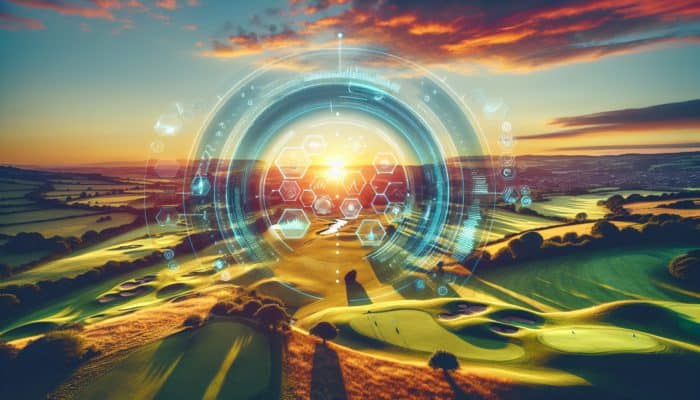 Aerial view of Cotswold Downs at sunset with tech overlays symbolising innovation and expansion.