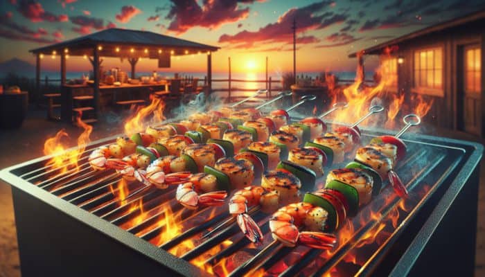 Close-up of sizzling Louisiana Cajun BBQ shrimp skewers on a grill at sunset.