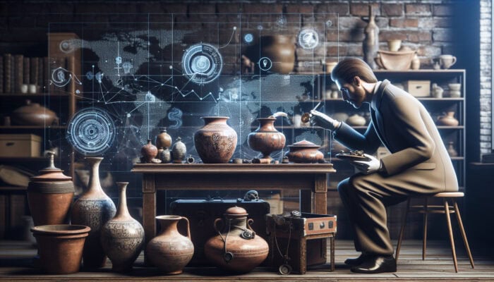 Expert examining rare antiques, assessing condition, provenance, and materials, with market trends and historical significance in background.