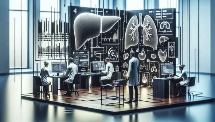 Illustration of advanced liver blood testing in a modern Blackwood clinic with expert doctors and high-tech equipment.