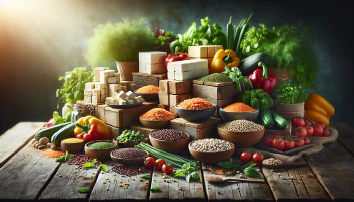 A colorful array of stacked plant-based proteins like tofu, lentils, and quinoa on a rustic wooden table with herbs and vegetables.