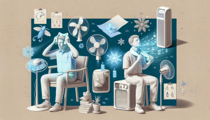 Person using cooling techniques in hot climate: damp cloths on neck, wrists, forehead, fan, air conditioner.