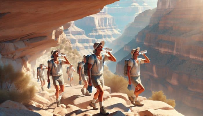 Hikers in Grand Canyon using effective heat management strategies during peak summer.