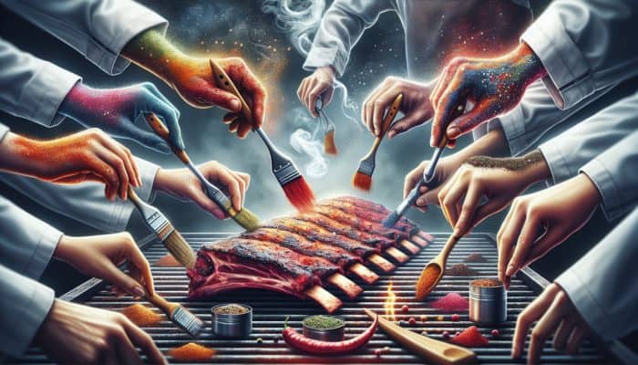 Competition ribs seasoned with colorful rubs by BBQ experts, with smoke and grilling tools in the background.
