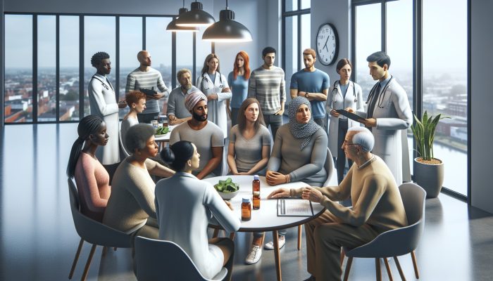 Diverse group consulting healthcare provider about vitamin B12 test in modern clinic.