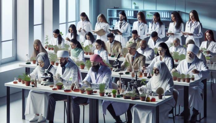 A diverse group of scientists and herbalists in a lab, analyzing plants and data to debunk myths.