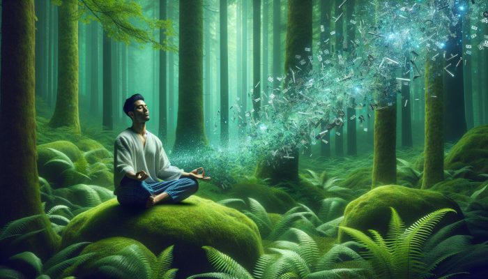 A person meditating in a forest with breaking chains, symbolising debt consolidation and mental peace.