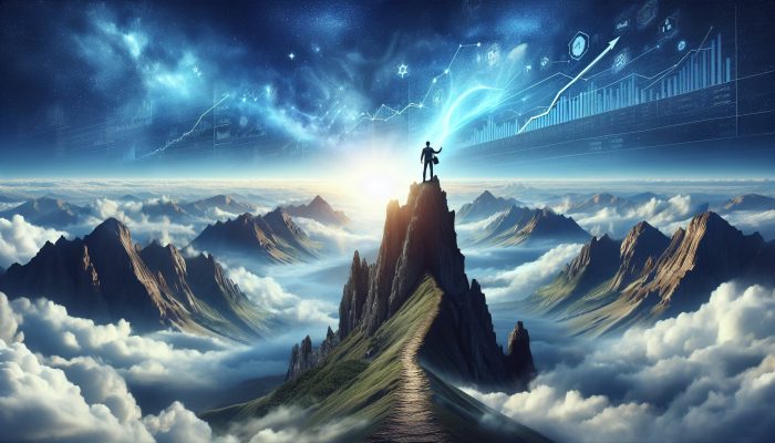 A person on a mountain top, symbolising financial freedom and optimism, with a path to new goals.