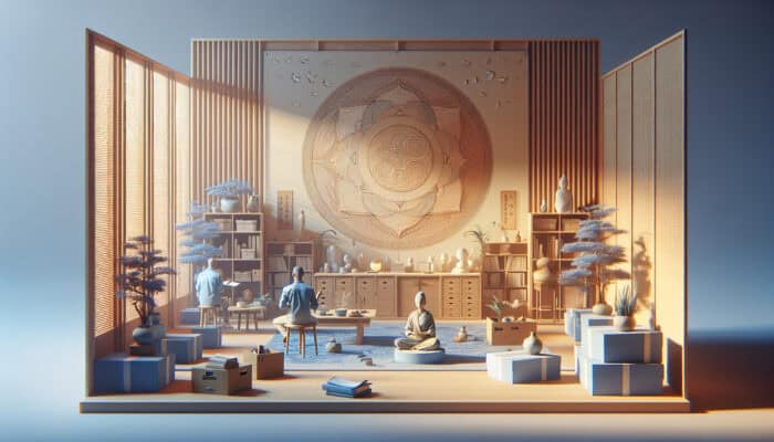 A professional organizer guiding a client through sorting sentimental items in a calm, organized room.