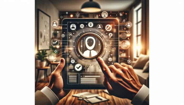 Person assessing service providers on a tablet in a stylish home office with professional decor.