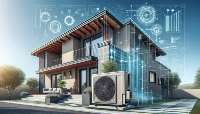 A modern air conditioning unit on a stylish Mission home, with technical diagrams and data charts overlayed.