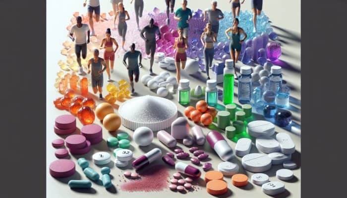 A vibrant display of hydration supplements with electrolytes, vitamins, and minerals, shown with active, hydrated people.