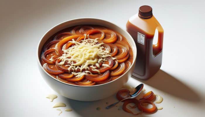 A steaming bowl of French onion soup with caramelized onions and melted cheese topping.