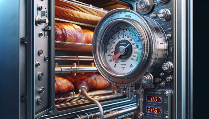 A close-up of a smoker with a temperature gauge installed at the cooking chamber level for accurate readings.