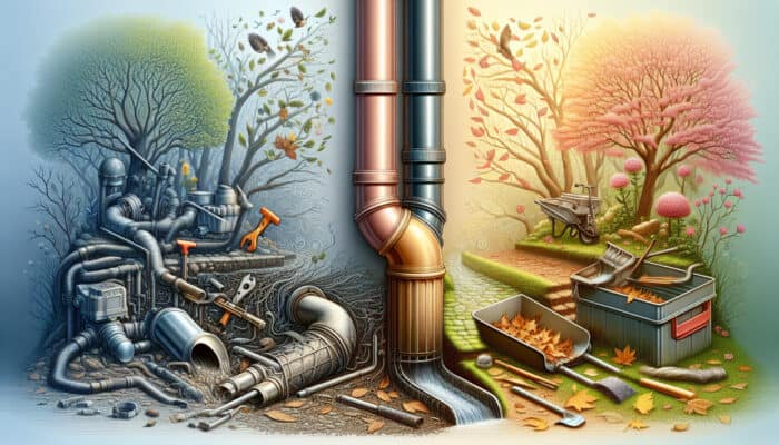 Diagram of downspout drainage system with tools, spring and fall landscapes.