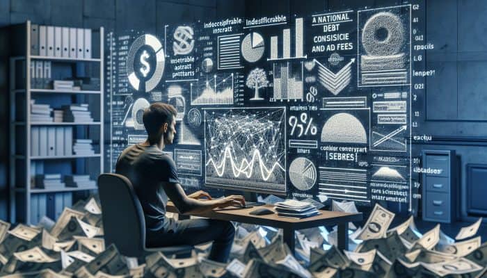 Person researching national debt consolidation lenders on computer, surrounded by documents and reviews.