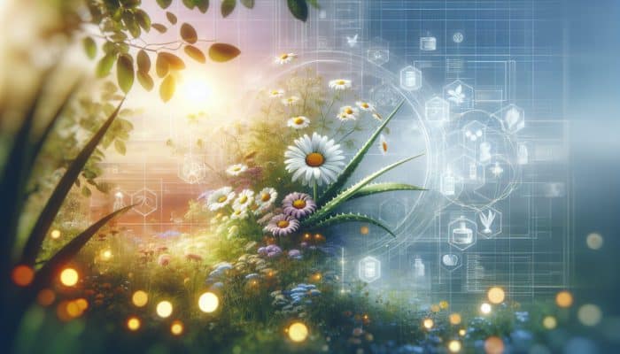 A serene botanical garden with chamomile, calendula, and aloe vera plants, highlighting their healing properties for eczema relief.