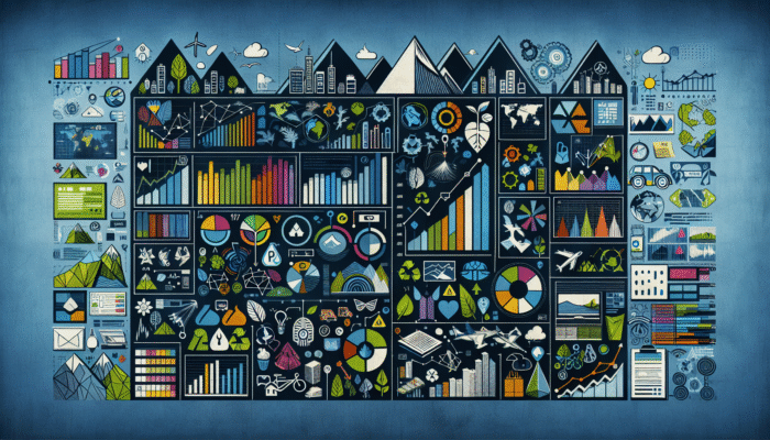 A digital dashboard showing global search trends for "eco-friendly travel options" with graphs, keywords, and eco-friendly icons.