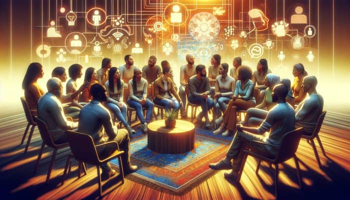 A diverse group sharing anxiety coping strategies in a cozy online forum, forming real-life friendships.