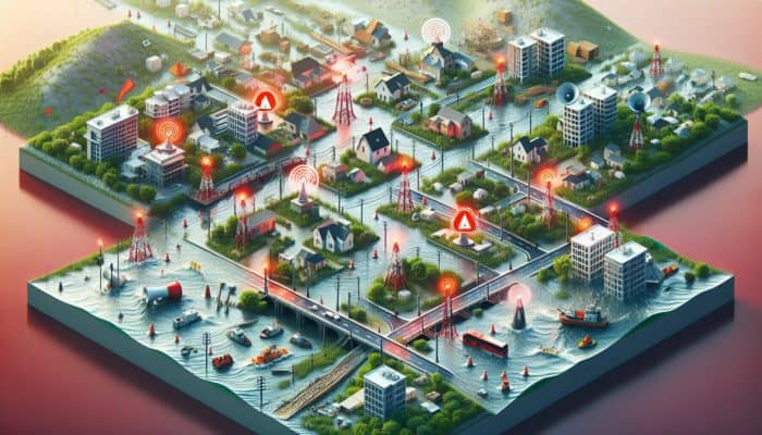 Community during flood with warning signs, loudspeakers for safety guidelines, robust barriers, and efficient drainage systems.