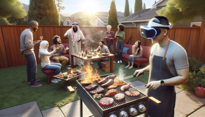 A VR user grilling meats on a virtual BBQ, alternating with real-life cookouts in a sunny California backyard, surrounded by a learning community.