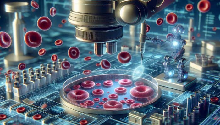 Nanobots analyzing and manipulating blood cells under a microscope in a high-tech lab.