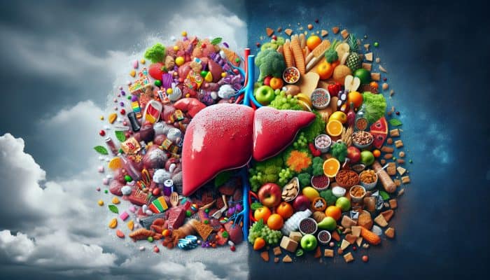 A liver surrounded by processed foods on one side and fresh, whole foods on the other, with an environmental backdrop.