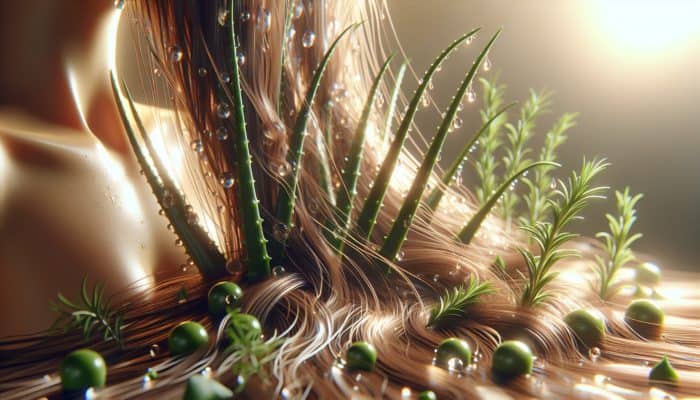 Lush, voluminous hair roots enhanced by aloe vera and rosemary, styled professionally.