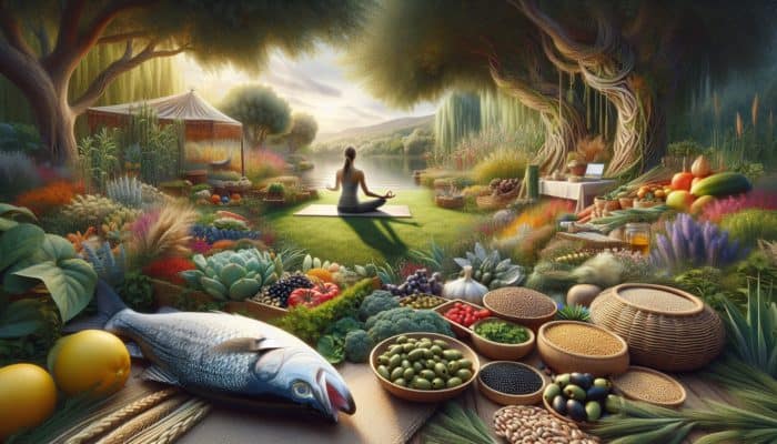 A person doing yoga in a garden with Mediterranean foods, representing hormonal balance.
