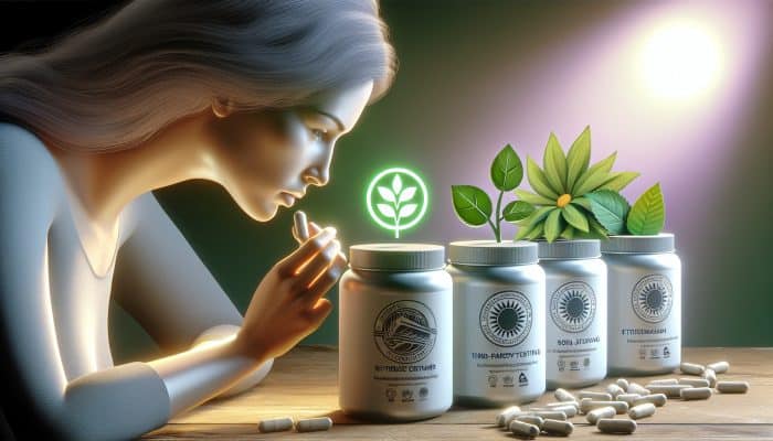 A UK consumer checks nutrition supplements for third-party testing and certifications from Soil Association and UK Vegan Society.