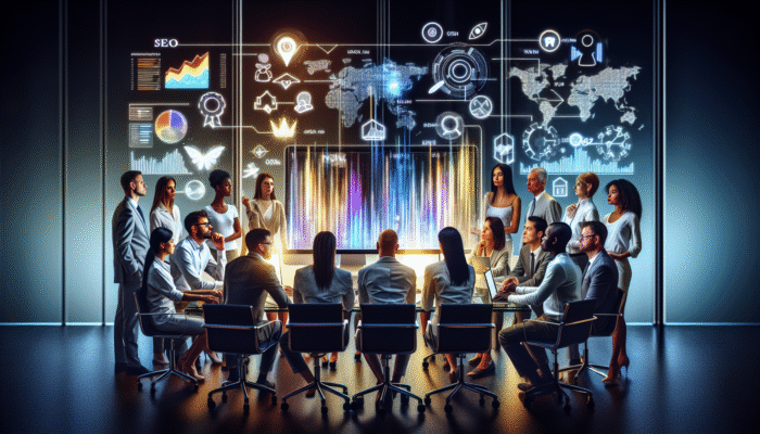 A team of professionals analysing SEO analytics on a computer screen in a contemporary office.