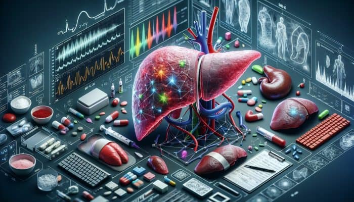A medical chart with liver test results, enzyme level graphs, and images of healthy and diseased livers.