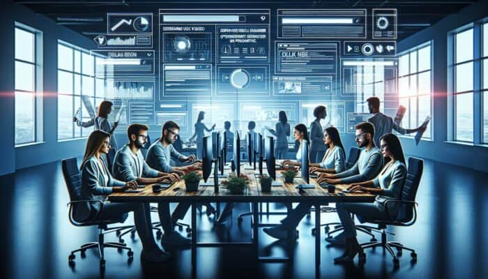 A digital marketing team plans SEO strategy with video content on large screens in a modern office.