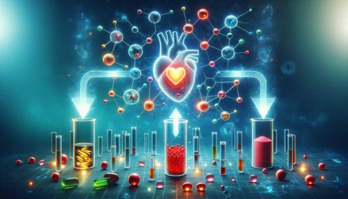 Diagram showing omega-3 and vitamins boosting heart health, and vitamin E's adverse effect with blood thinners in a lab setting.