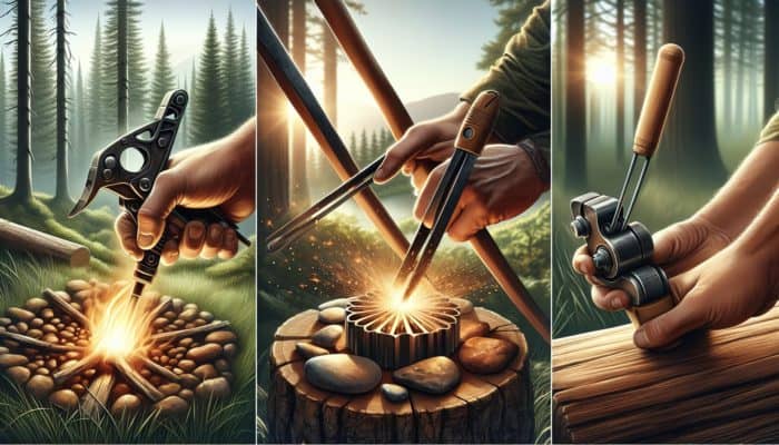 Illustration of bow drill, flint and steel, and hand drill fire-starting methods in nature.