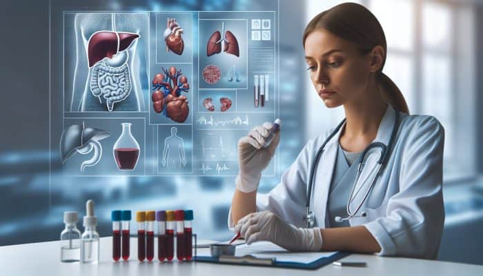 A technician in a serene lab setting preparing a blood sample for a liver test, with medical equipment and a liver function chart.
