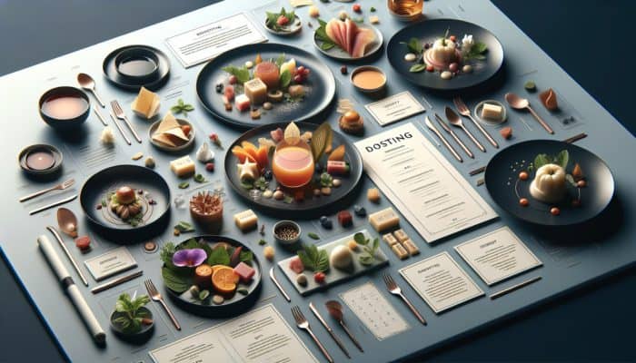 A multi-course tasting menu with small, artistic plates, showcasing culinary artistry and thematic consistency.