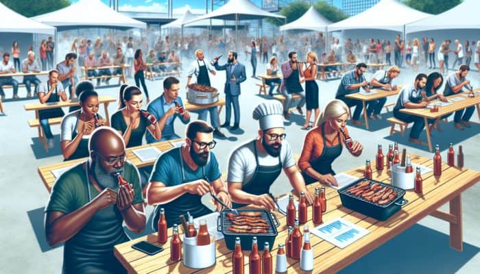 Judges sampling BBQ sauces, competitors in a sauce-making workshop, data analysts working on laptops at an outdoor event.